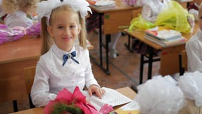 Little girl sitting and studying at school class. Portrait of lovely girl looking at camera at lesson. stock video Little girl sitting and studying at school class. Portrait of lovely girl looking at camera at lesson. stock video