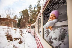 Little girl travelling by Kukushka old train in Georgia royalty free stock image Little girl travelling by Kukushka old train in Georgia royalty free stock image