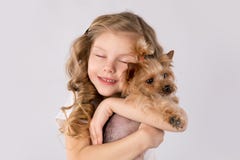 Little girl with white Yorkshire Terrier dog on white background. Kids Pet Friendship stock images Little girl with white Yorkshire Terrier dog on white background. Kids Pet Friendship stock images