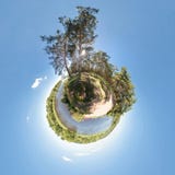 Little planet. Spherical aerial view in forest near river in nice day with nice clouds royalty free stock photos Little planet. Spherical aerial view in forest near river in nice day with nice clouds royalty free stock photos
