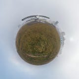 Little planet. Spherical view of abandoned old plane in the fog stock photos Little planet. Spherical view of abandoned old plane in the fog stock photos