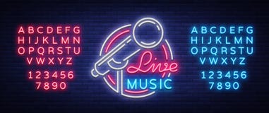 Live musical vector neon logo, sign, emblem, symbol poster with microphone. Bright banner poster, neon bright sign stock illustration Live musical vector neon logo, sign, emblem, symbol poster with microphone. Bright banner poster, neon bright sign stock illustration