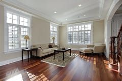 Living room with cherry wood flooring
