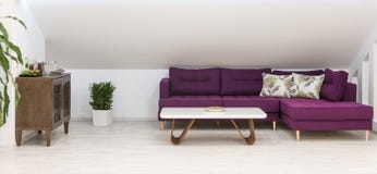 Living room interior, loft apartment, attic renovation, purple f royalty free stock images Living room interior, loft apartment, attic renovation, purple f royalty free stock images