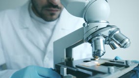 Lo scienziato esamina il microscopio Lo scienziato esamina il microscopio