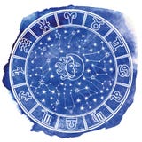 Lo zodiaco firma dentro il cerchio dell'oroscopo Acquerello blu Immagini Stock Libere da Diritti Lo zodiaco firma dentro il cerchio dell'oroscopo Acquerello blu Immagini Stock Libere da Diritti