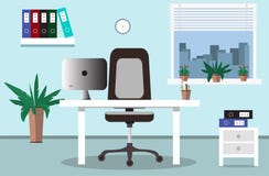 Local de trabalho do escritório e ilustração interior do escritório no estilo liso ilustração do vetor Local de trabalho do escritório e ilustração interior do escritório no estilo liso ilustração do vetor