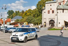 Local police car in Banska Bystrica Old Town, Slovakia. Royalty Free Stock Photos Local police car in Banska Bystrica Old Town, Slovakia. Royalty Free Stock Photos