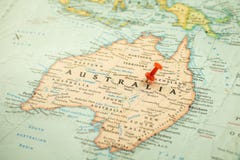 Location Australia, map with push pin close-up, travel and journey concept