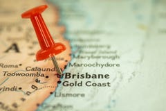 Location Brisbane in Australia, map with push pin close-up, travel and journey concept