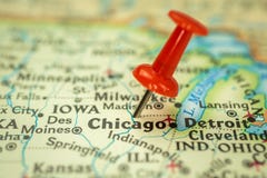 Location Chicago city in Illinois, map with red push pin pointing close-up, USA, United States of America