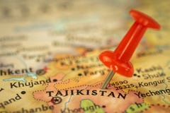 Location Tajikistan, travel map with push pin point marker close-up, Asia journey concept