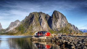 Lofoten Panorama View Village Reine Norway stock photo Lofoten Panorama View Village Reine Norway stock photo