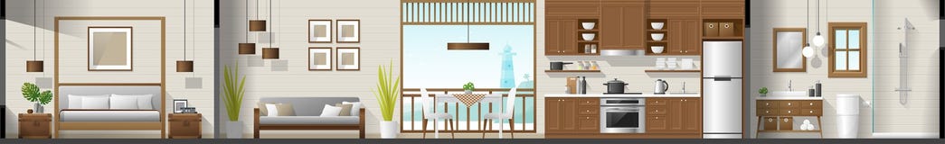 Logez le panorama intérieur de section comprenant la chambre à coucher, le salon, la salle à manger, la cuisine et la salle de ba illustration stock Logez le panorama intérieur de section comprenant la chambre à coucher, le salon, la salle à manger, la cuisine et la salle de ba illustration stock
