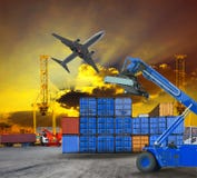 Logistic business working in container shipping yard with dusky sky and jet plane cargo flying above use for land to air transport