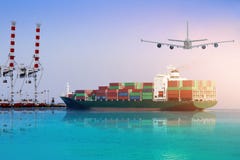 Logistics And International Shipping Containers, Cargo Ship And Air Planes Royalty Free Stock Images