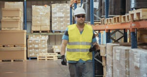 Logistiekarbeider het inspecteren punten in een groot pakhuis stock videobeelden Logistiekarbeider het inspecteren punten in een groot pakhuis stock videobeelden