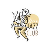 Logo de club de jazz, label de musique de vintage avec le saxophoniste, élément pour l'insecte, carte, tract ou bannière, vecteur illustration libre de droits Logo de club de jazz, label de musique de vintage avec le saxophoniste, élément pour l'insecte, carte, tract ou bannière, vecteur illustration libre de droits