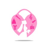 Logo de mariage avec la jeune mariée et le château La fille dans la robe prévoit une célébration Attributs de la partie : gâteau, illustration stock Logo de mariage avec la jeune mariée et le château La fille dans la robe prévoit une célébration Attributs de la partie : gâteau, illustration stock