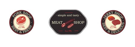 Logo et marques de vecteur de produit carné Boeuf, porc, agneau, bifteck rond, culotte sans os, nervures, échine et nervures, pou illustration libre de droits Logo et marques de vecteur de produit carné Boeuf, porc, agneau, bifteck rond, culotte sans os, nervures, échine et nervures, pou illustration libre de droits
