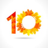 10 logo harvest festival. 10 th years old logotype. Bright red leaves, coloured offer, congratulating celebrating decorating template. Isolated shape, 3D trendy vector illustration 10 logo harvest festival. 10 th years old logotype. Bright red leaves, coloured offer, congratulating celebrating decorating template. Isolated shape, 3D trendy vector illustration