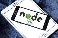 Node.js logo. Logo of Node.js on samsung mobile. Node.js is an open-source, cross-platform JavaScript run-time environment for executing JavaScript code server royalty free stock image