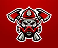Logo, sapeur-pompier de mascotte Tâche mortelle, une profession dangereuse, crâne, squelette, haches sur la croix, masque, peloto illustration stock Logo, sapeur-pompier de mascotte Tâche mortelle, une profession dangereuse, crâne, squelette, haches sur la croix, masque, peloto illustration stock