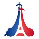 Logotipo como um avião do voo do turista, com uma silhueta da torre Eiffel e o simbolismo da bandeira francesa Foto de Stock Royalty Free Logotipo como um avião do voo do turista, com uma silhueta da torre Eiffel e o simbolismo da bandeira francesa Foto de Stock Royalty Free