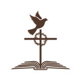 Logotipo da igreja A Bíblia aberta e a cruz de Jesus Christ, da coroa de espinhos e da pomba - o Espírito Santo ilustração stock Logotipo da igreja A Bíblia aberta e a cruz de Jesus Christ, da coroa de espinhos e da pomba - o Espírito Santo ilustração stock