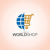 Logotipo del mundo de la carretilla que hace compras stock de ilustración Logotipo del mundo de la carretilla que hace compras stock de ilustración