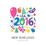Logotipo dibujado mano multicolora 2016 del Año Nuevo Iconos del vector fijados Regalo stock de ilustración Logotipo dibujado mano multicolora 2016 del Año Nuevo Iconos del vector fijados Regalo stock de ilustración