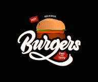 Logotipo quente delicioso do vetor dos hamburgueres com rotulação Fast food Vetor ilustração royalty free Logotipo quente delicioso do vetor dos hamburgueres com rotulação Fast food Vetor ilustração royalty free