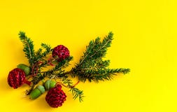 Lokalisierung auf Weiß Dekorative Fichtenzweige und rote Bälle auf gelbem Hintergrund, Konzept von neuen Jahren Feiertag, Nahaufn lizenzfreies stockfoto Lokalisierung auf Weiß Dekorative Fichtenzweige und rote Bälle auf gelbem Hintergrund, Konzept von neuen Jahren Feiertag, Nahaufn lizenzfreies stockfoto