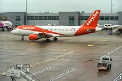 London, United Kingdom - February 05, 2019: Easyjet Airbus A 320 - 214 waits at LTN airport. easy Jet, is a British stock photography London, United Kingdom - February 05, 2019: Easyjet Airbus A 320 - 214 waits at LTN airport. easy Jet, is a British stock photography