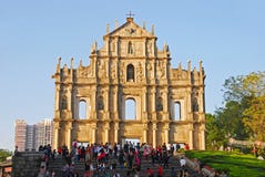 Mass tourism at the base of Ruins of St Paul facade near the stairs at Macau