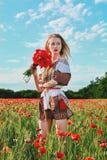 Long-haired blonde young woman in a white short dress on a field of green wheat and wild poppies stock image Long-haired blonde young woman in a white short dress on a field of green wheat and wild poppies stock image