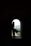 Silhouette of long haired lady in flares against Great Wall of China royalty free stock photos Silhouette of long haired lady in flares against Great Wall of China royalty free stock photos