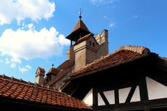 Looking up at the top of a castle, with the sky as background stock photos Looking up at the top of a castle, with the sky as background stock photos