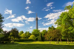 Lookout Tower On The Petrin Hill In Flowering Spring Park Stock Images Lookout Tower On The Petrin Hill In Flowering Spring Park Stock Images