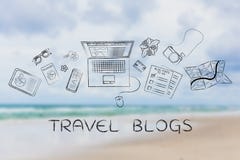 Lopp- & livsstilbloggerskrivbord med bärbara datorn, loppbloggar royaltyfri bild Lopp- & livsstilbloggerskrivbord med bärbara datorn, loppbloggar royaltyfri bild