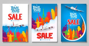 Lopp och uppsättning för Tours Sale befordrings- affischmall med berömda gränsmärkesymboler för färgrik värld vektor illustrationer Lopp och uppsättning för Tours Sale befordrings- affischmall med berömda gränsmärkesymboler för färgrik värld vektor illustrationer