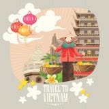 Lopp till det Vietnam kortet med asiatiska ljus royaltyfri illustrationer Lopp till det Vietnam kortet med asiatiska ljus royaltyfri illustrationer