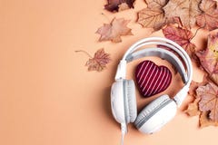 Los auriculares blancos con rojo hicieron punto el corazón, hojas de arce del otoño y fotos de archivo libres de regalías Los auriculares blancos con rojo hicieron punto el corazón, hojas de arce del otoño y fotos de archivo libres de regalías