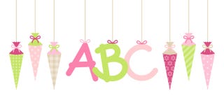 Los cucuruchos colgantes rectos muchacha y ABC de la escuela de la bandera ponen letras a verde rosado libre illustration Los cucuruchos colgantes rectos muchacha y ABC de la escuela de la bandera ponen letras a verde rosado libre illustration