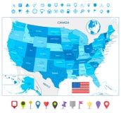 Los E.E.U.U. altamente detallados trazan en colores del azul con los iconos de la navegación stock de ilustración Los E.E.U.U. altamente detallados trazan en colores del azul con los iconos de la navegación stock de ilustración