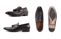 Los mocasines negros de los hombres, holgazanes aislaron el fondo blanco Vista lateral, visi?n superior y lenguado imagen de archivo libre de regalías Los mocasines negros de los hombres, holgazanes aislaron el fondo blanco Vista lateral, visi?n superior y lenguado imagen de archivo libre de regalías