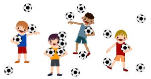 Los muchachos de los niños juegan a fútbol en ejemplos aislados ilustración del vector Los muchachos de los niños juegan a fútbol en ejemplos aislados ilustración del vector