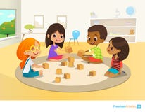 Los niños se sientan en círculo en la alfombra redonda en sala de clase de la guardería, juego con los bloques de madera del jugu ilustración del vector Los niños se sientan en círculo en la alfombra redonda en sala de clase de la guardería, juego con los bloques de madera del jugu ilustración del vector