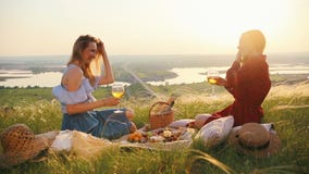 Los pares gay femeninos tenían una comida campestre Ellos que hablan y vino de la bebida metrajes Los pares gay femeninos tenían una comida campestre Ellos que hablan y vino de la bebida metrajes