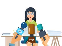 Los periodistas de los reporteros toman a entrevista un empleado de la compañía, cerca de lugar de trabajo libre illustration Los periodistas de los reporteros toman a entrevista un empleado de la compañía, cerca de lugar de trabajo libre illustration
